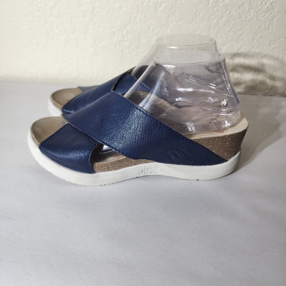 Fly London Shoes - Fly London Navy‎ Blue Leather Cross Strap Wedge Slide Sandals Womens 41 US 10